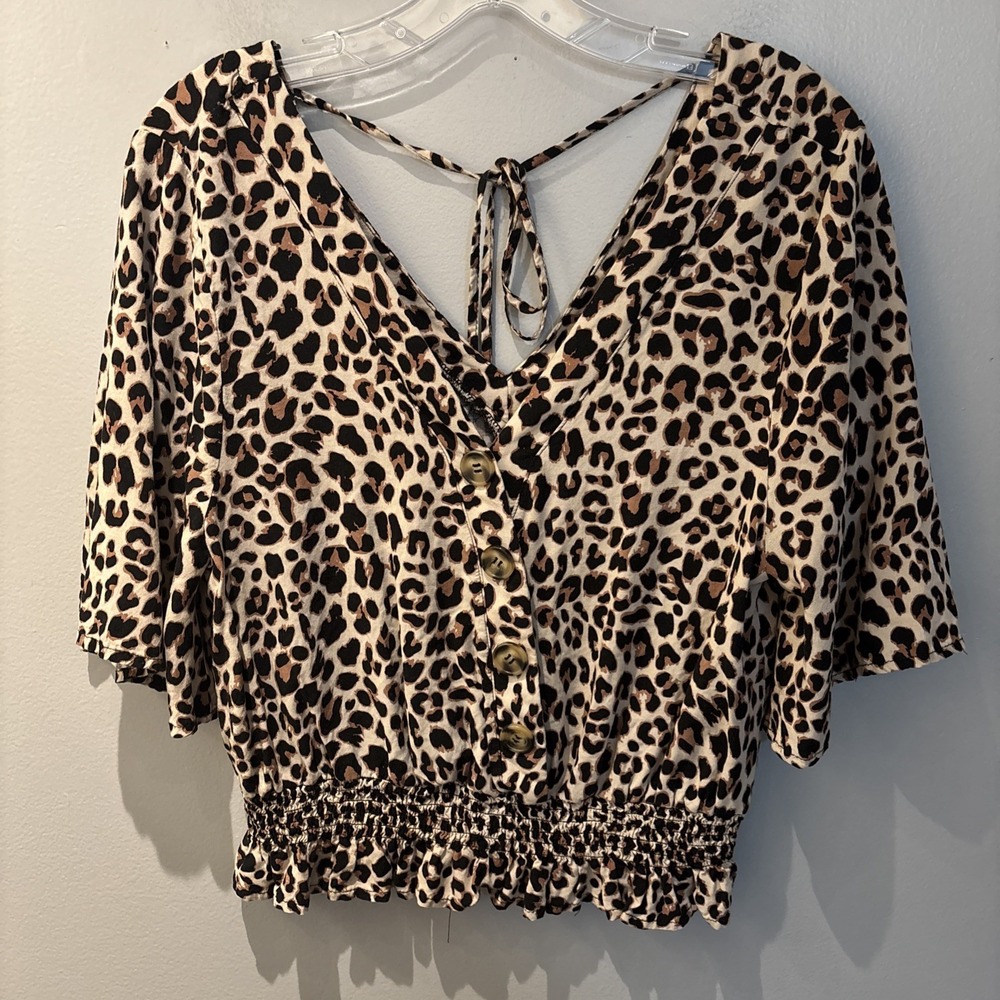 Women's Short Sleeve Brown & Black Cheetah Print V-Neck Blouse‎ Size M Boho